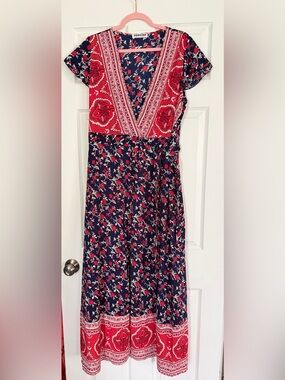 Red & Navy Floral true Wrap Dress